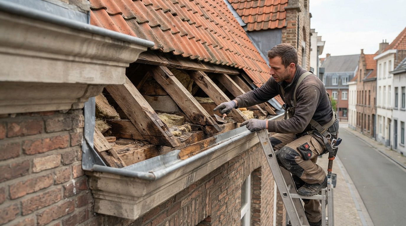 ingebouwde-dakgoot-gent-renovatie Opengelegde ingebouwde dakgoot en houten kroonlijst tijdens renovatie.