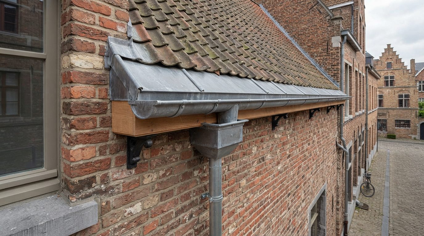 ingebouwde-dakgoot-gent Ingebouwde dakgoot in de dakrand van een Vlaamse woning.