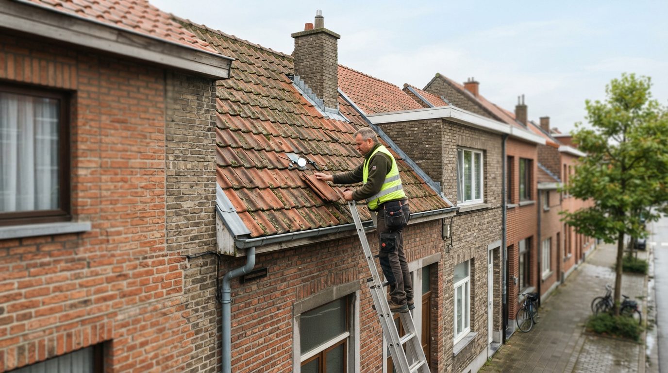 inspectie-rijwoning-gentbrugge Inspectie van het hellende dak van een gesloten rijwoning in Gentbrugge.