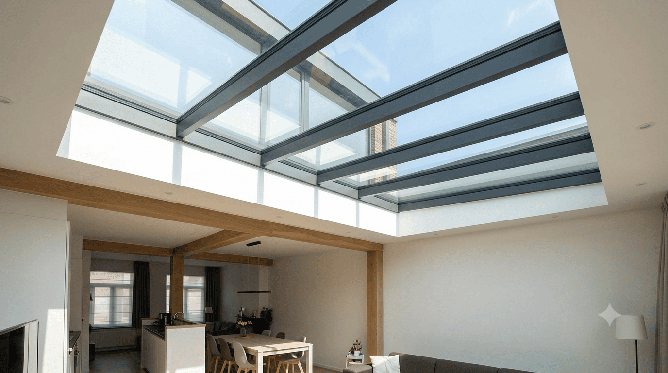 isolatieglas-lichtstraat-comfort Isolerende beglazing in een lichtstraat boven een leefruimte.