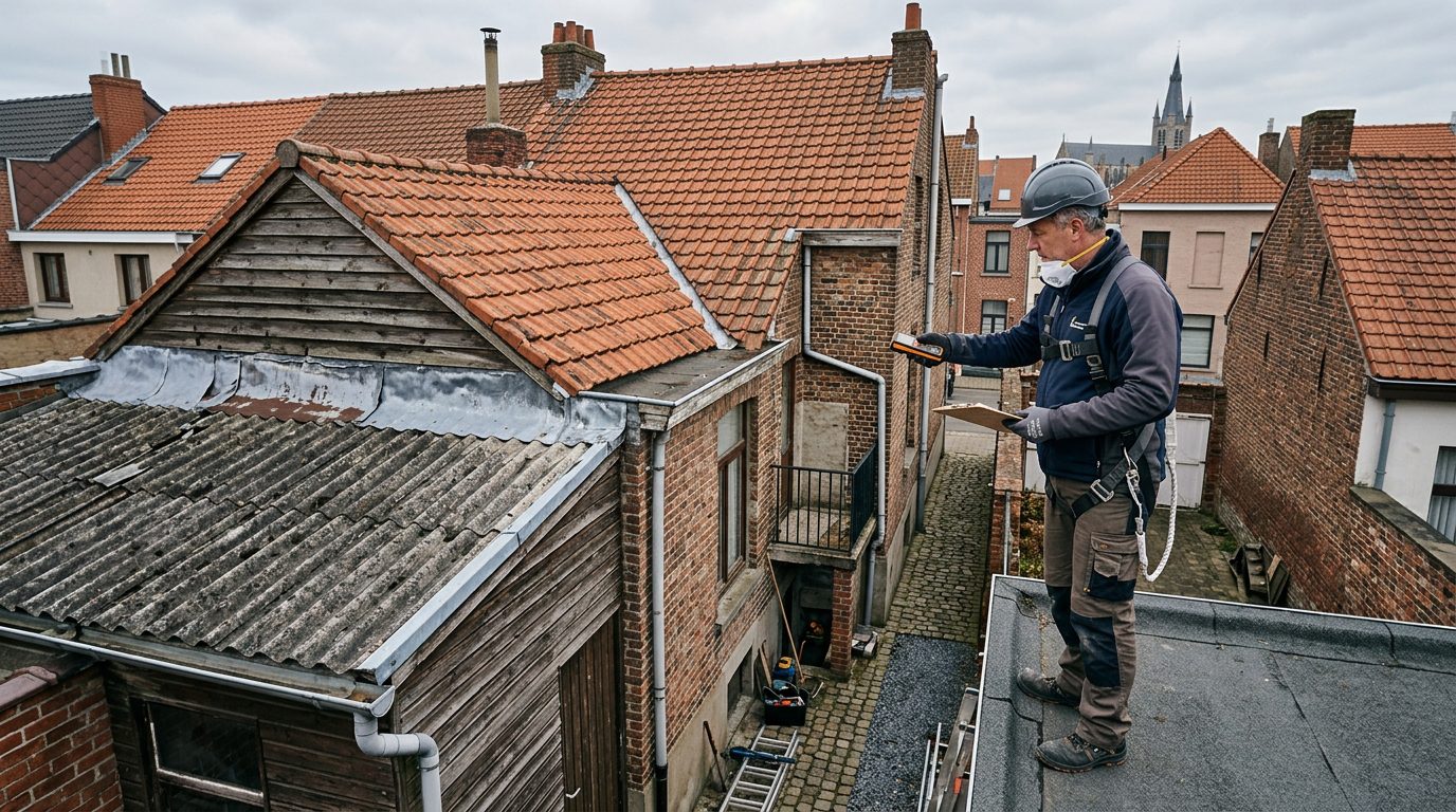 Dakwerker beoordeelt de toestand en bereikbaarheid van een ouder dak bij een Gentse woning.