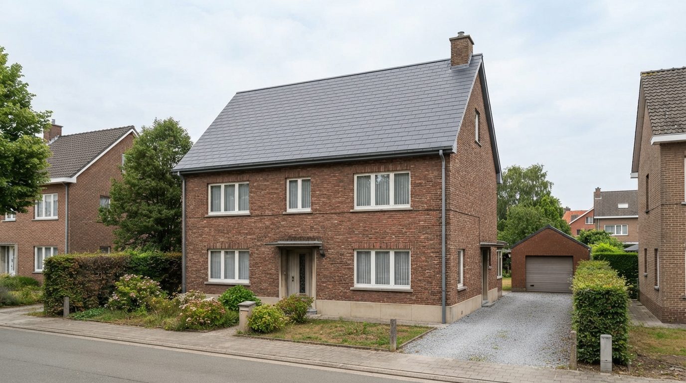 Halfopen Vlaamse woning in de Gentse stadsrand met een dak in donkere kunstleien.