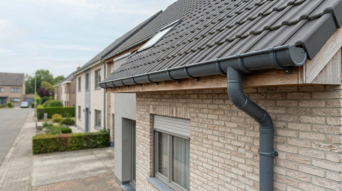 kunststof-dakgoot-gent 2 Kunststof dakgoot aan een halfopen Vlaamse woning.