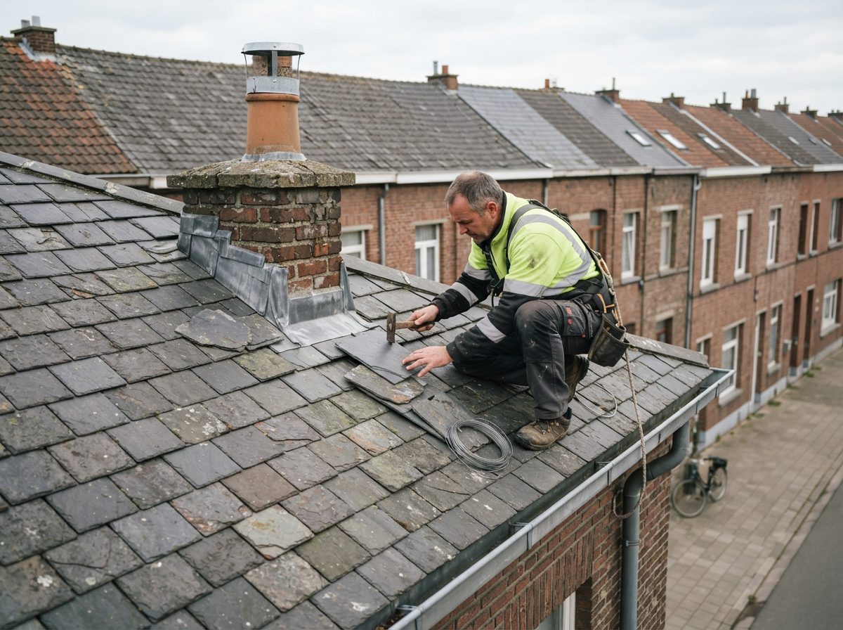 Dakwerker inspecteert een verouderd leien dak op een Gentse rijwoning.