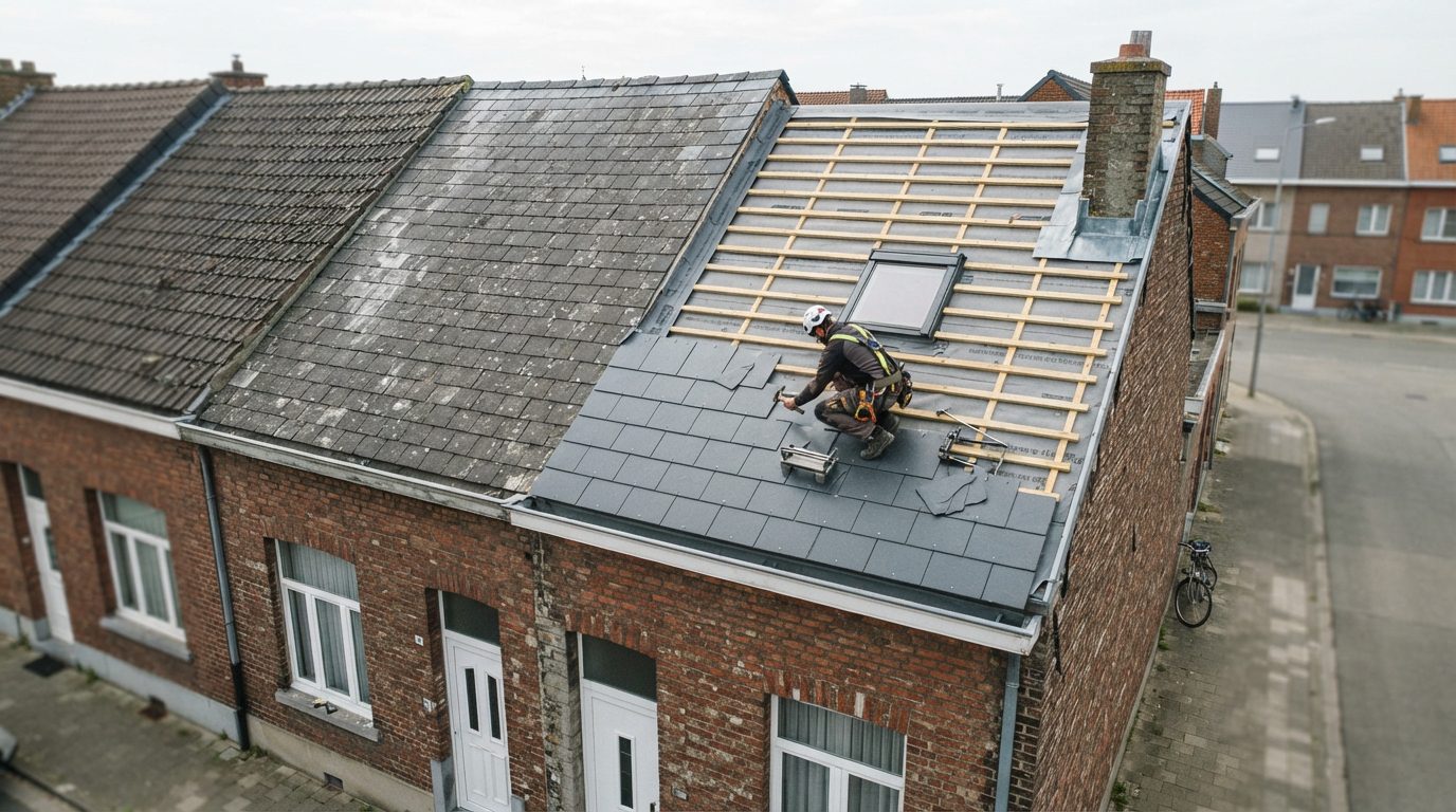 Renovatie van het leien dak van een gesloten rijwoning in Gentbrugge.
