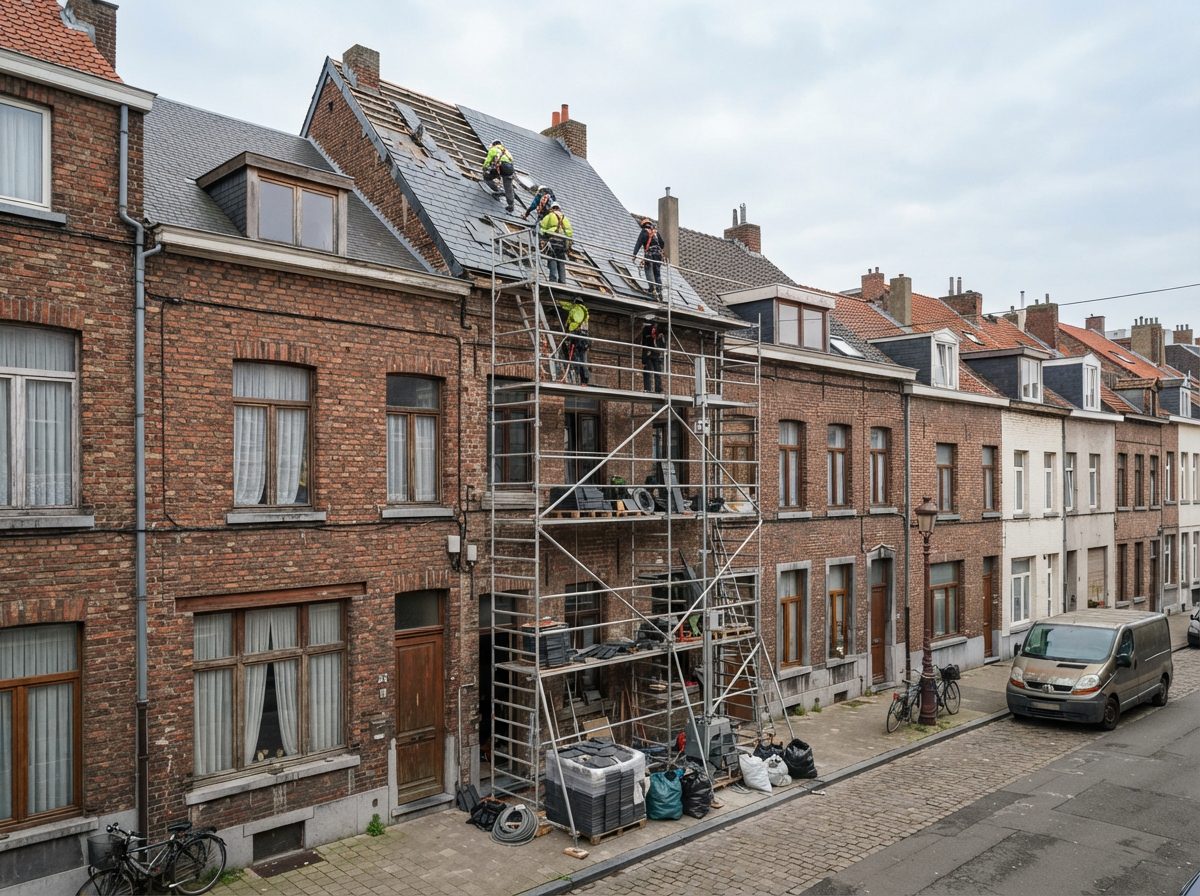 Dakwerken met stelling aan een rijwoning in een dichtbebouwde Gentse straat.