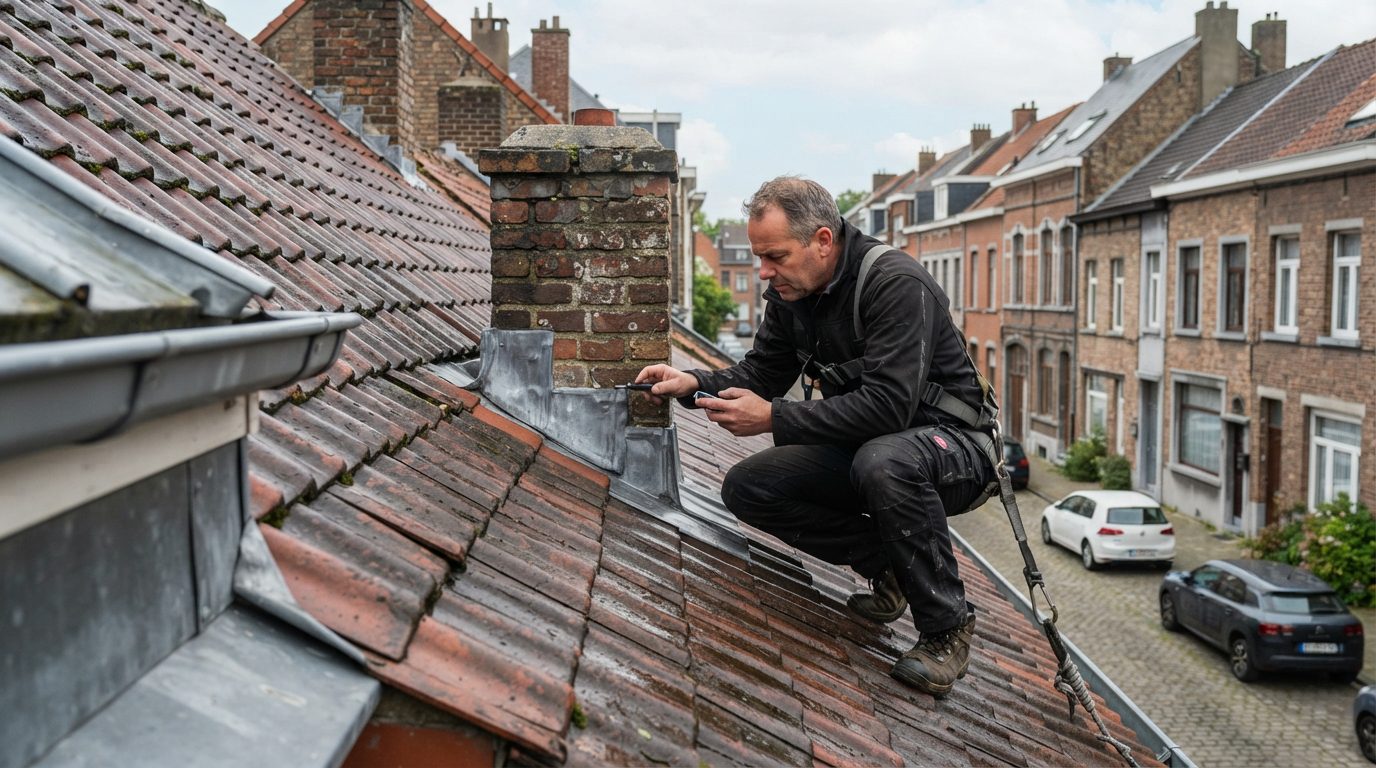 Dakwerker inspecteert een hellend pannendak van een Gentse rijwoning op mogelijke lekkage.