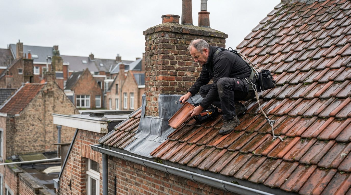 Dakwerker inspecteert een hellend pannendak op de oorzaak van een lekkage.