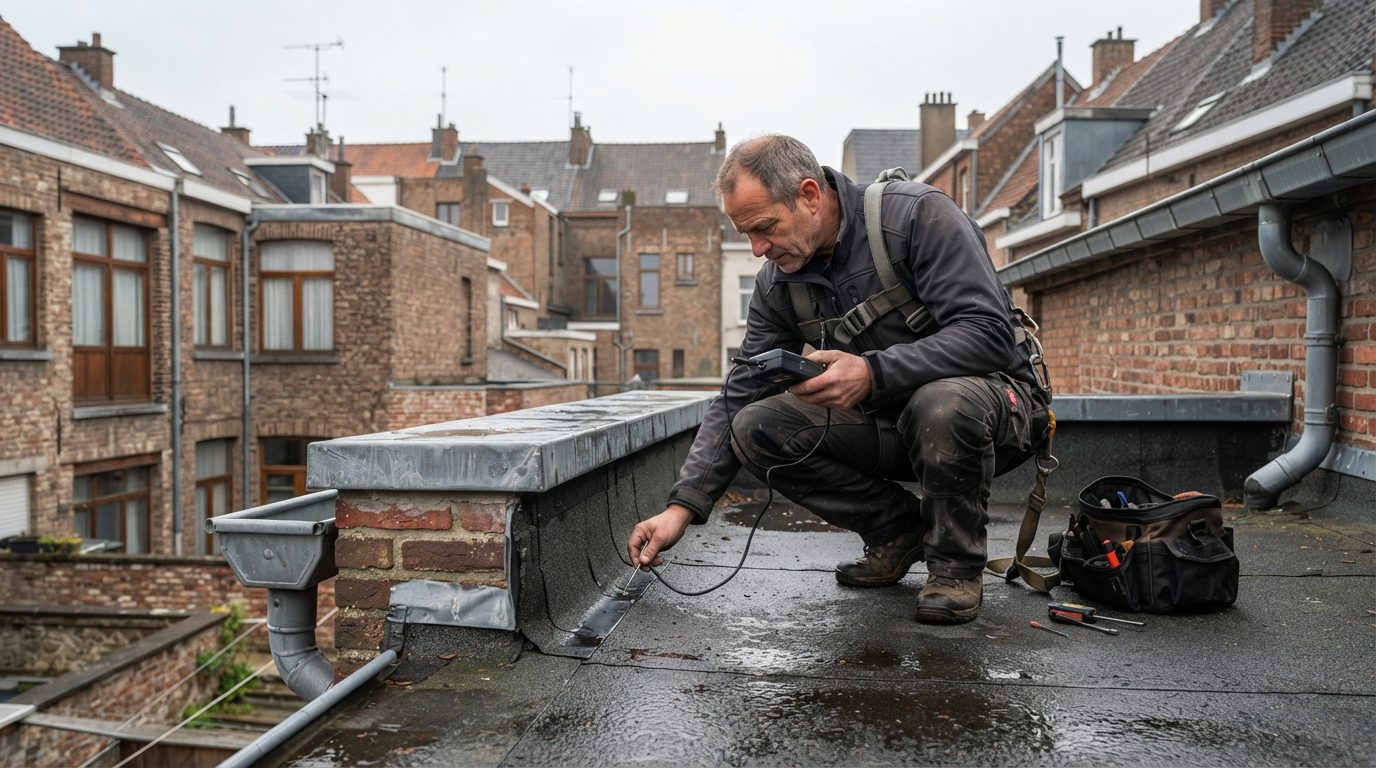 Dakwerker beoordeelt hoe groot de beschadigde zone van een plat dak is.