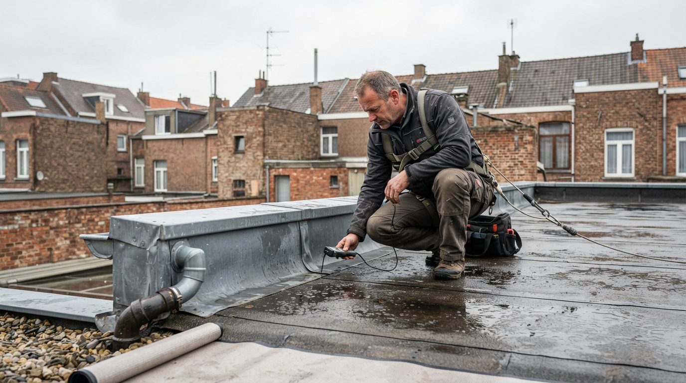 Dakwerker onderzoekt de naden en dakrand van een plat dak op lekkage.