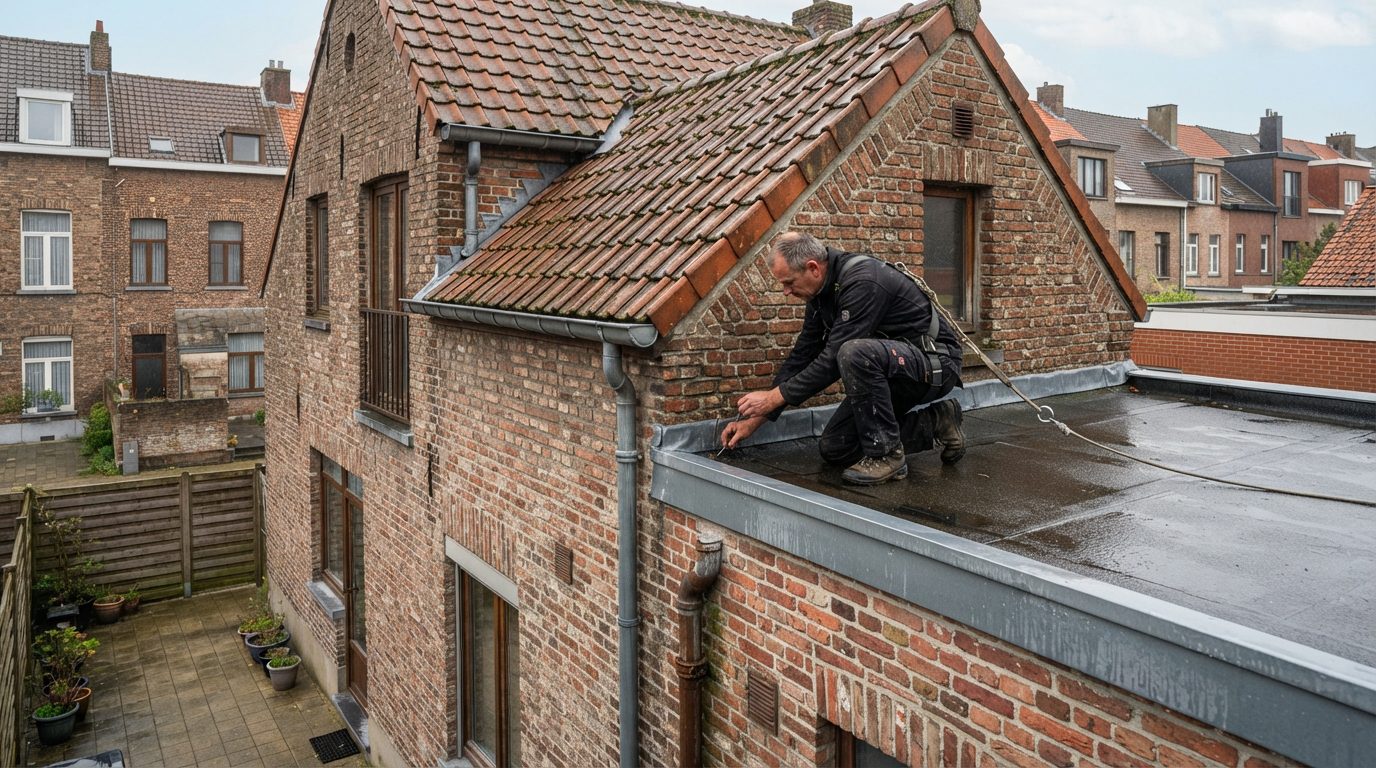Inspectie van de overgang tussen het hellende dak en de platte achterbouw van een rijwoning.