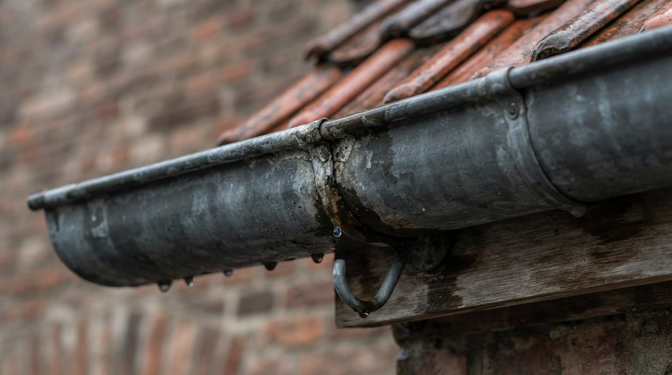 lekkende-dakgoot-gent Regenwater lekt uit een versleten verbinding van een zinken dakgoot.