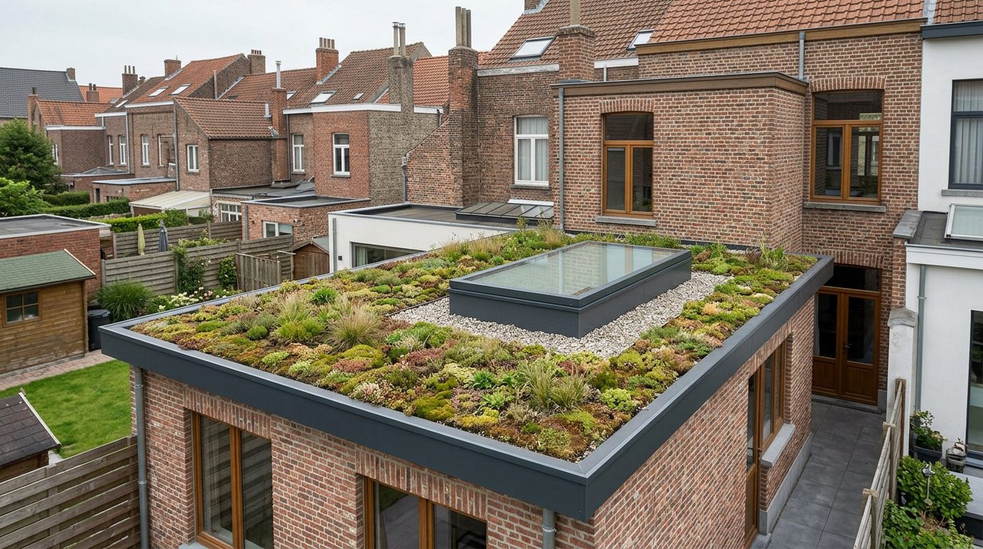 lichtkoepel-groendak-gent Lichtkoepel geïntegreerd in het groendak van een Gentse woning.