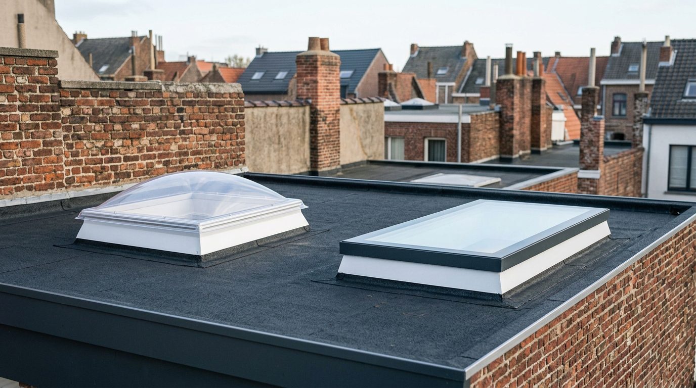 lichtkoepel-kunststof-of-glas Kunststof lichtkoepel en vlak glazen daklicht op een plat dak.