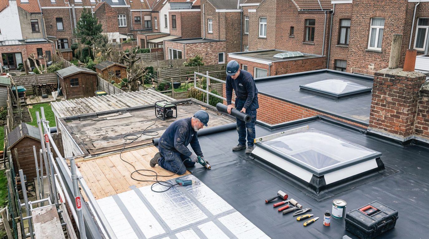 lichtkoepel-plaatsen-dakrenovatie-gent Nieuwe lichtkoepel tijdens de renovatie van een plat dak in Gent.