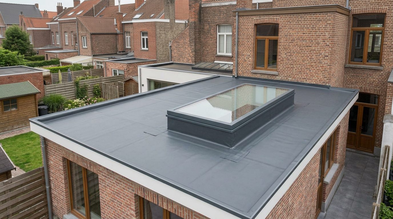 lichtkoepel-plat-dak-plaatsen-gent Afgewerkte lichtkoepel op het platte dak van een Gentse woning.