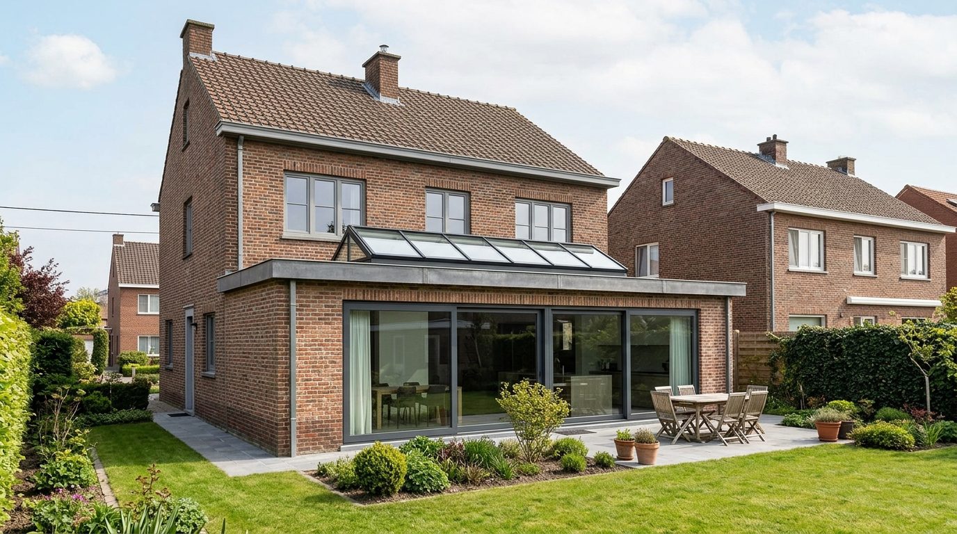 lichtstraat-aanbouw-woning-gent Glazen lichtstraat geïntegreerd in het platte dak van een Vlaamse woning.