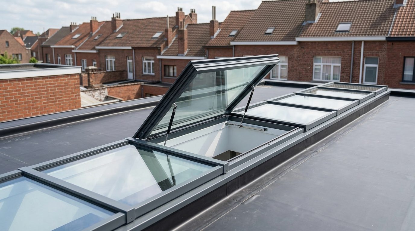 lichtstraat-openen-ventilatie Lichtstraat waarvan één glaspaneel geopend is voor extra ventilatie.