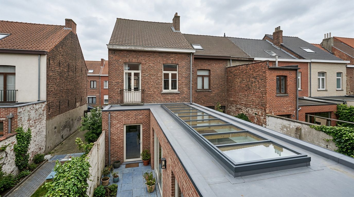 lichtstraat-plat-dak-gent Lichtstraat in het platte dak van een aanbouw aan een Gentse rijwoning.