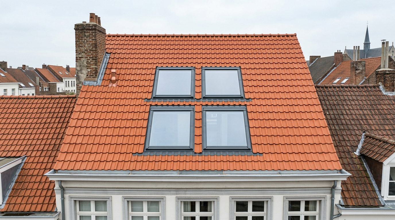 meerdere-dakramen-gent Vier dakramen in een 2×2-opstelling in het pannendak van een stadswoning.