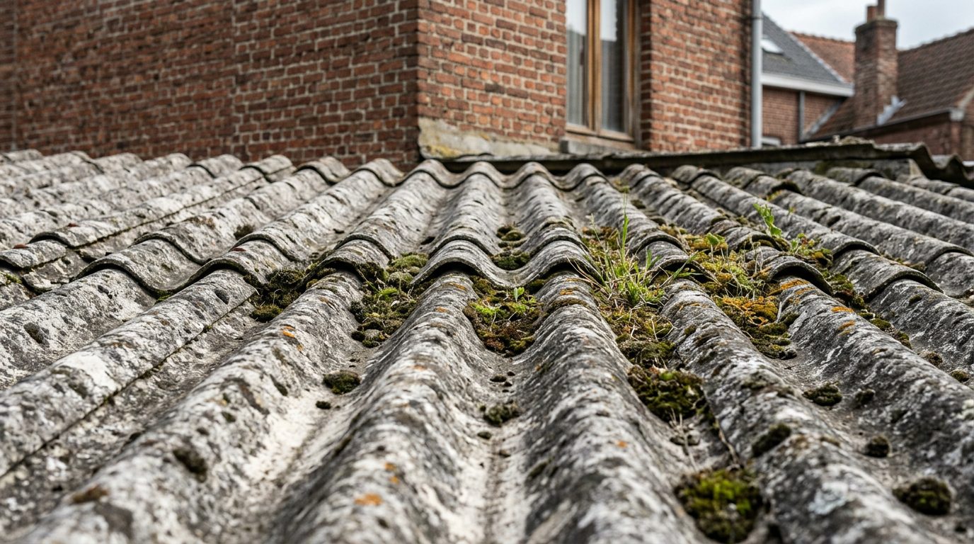 Mos en natuurlijke verwering op oude golfplaten van een achterbouw.