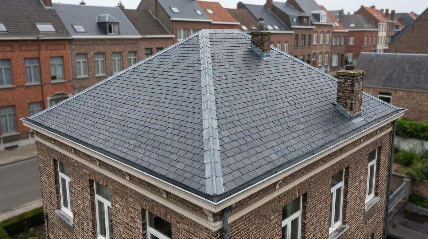 Donkergrijze natuurleien op het hellende dak van een oudere Gentse woning.