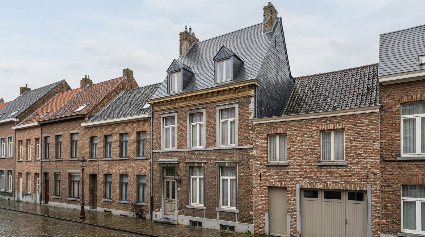 Oudere Gentse stadswoning met een steil dak in donkergrijze natuurleien.