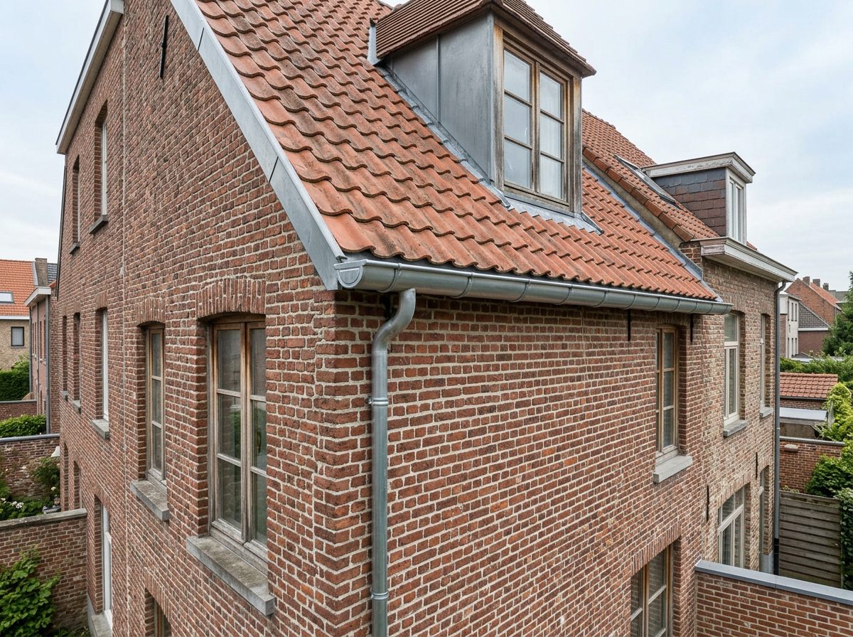 nieuwe-dakgoot-laten-plaatsen-gent Afgewerkte nieuwe zinken dakgoot aan een Gentse rijwoning.