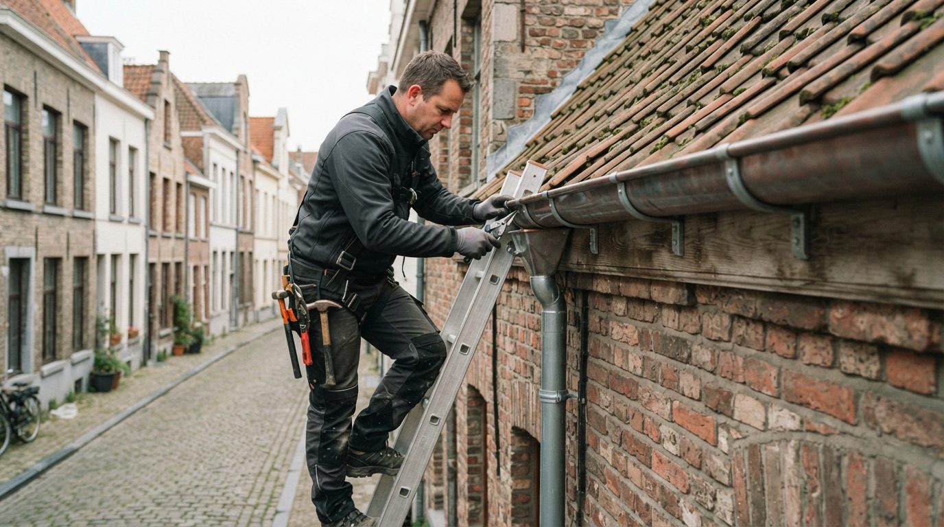 nieuwe-dakgoot-plaatsen-aansluiten-gent Dakwerker plaatst een nieuwe zinken dakgoot en sluit deze aan op de regenpijp.