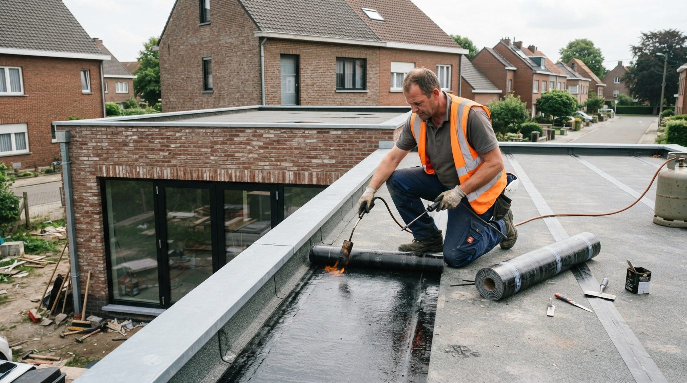 nieuwe-roofing-plaatsen-gent Dakwerker brengt roofing aan op het platte dak van een nieuwe achterbouw