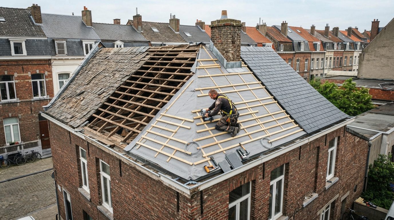 Nieuw onderdak tijdens de renovatie van een hellend leien dak.