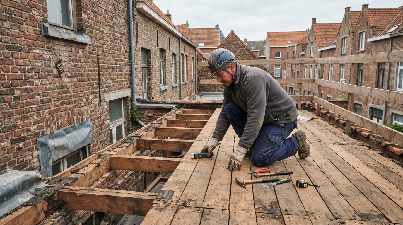 ondergrond-plat-dak-renovatie Controle van de ondergrond tijdens de renovatie van een plat dak.
