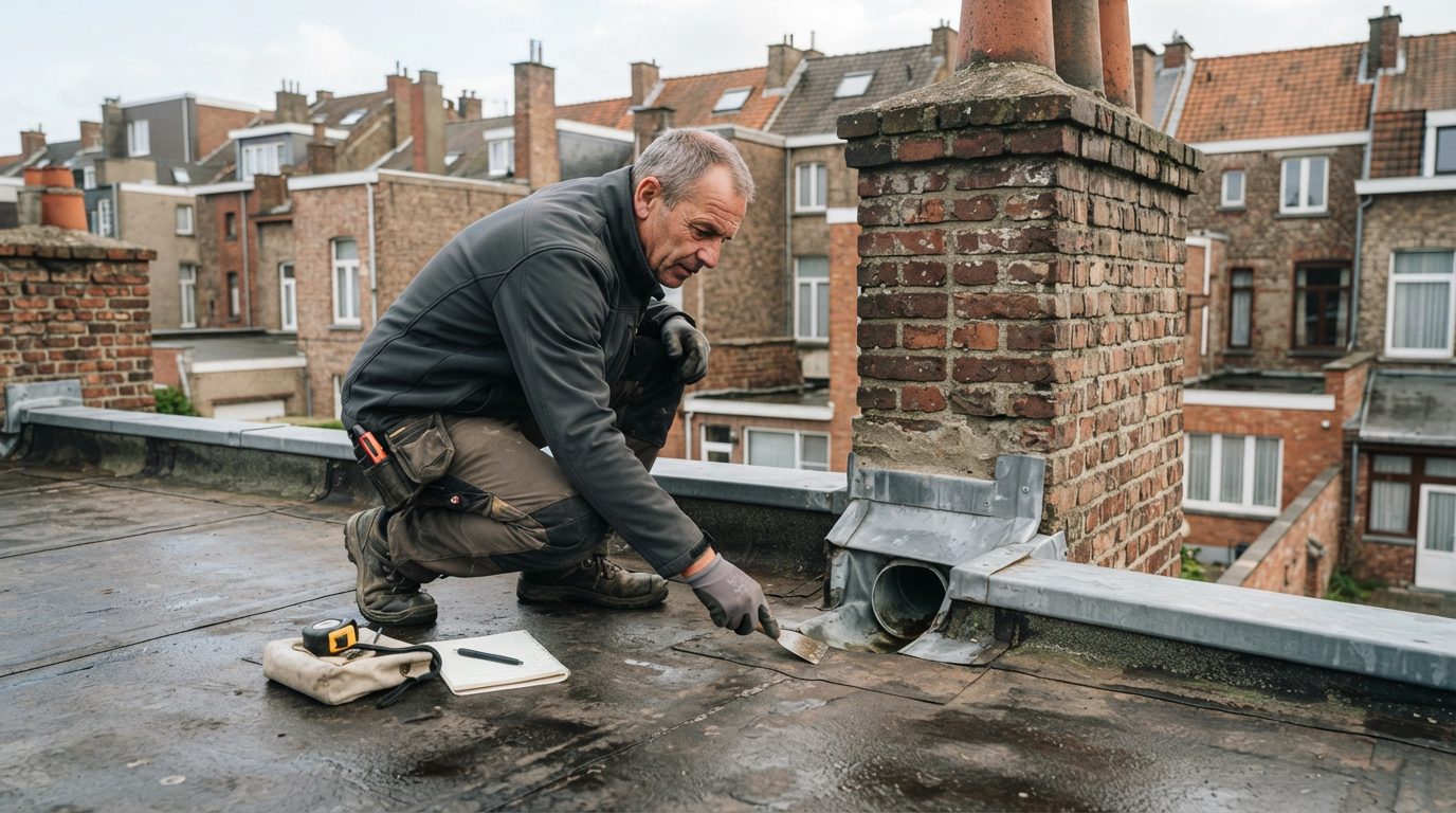 Dakwerker onderzoekt de afvoer en aansluitingen van een plat dak.