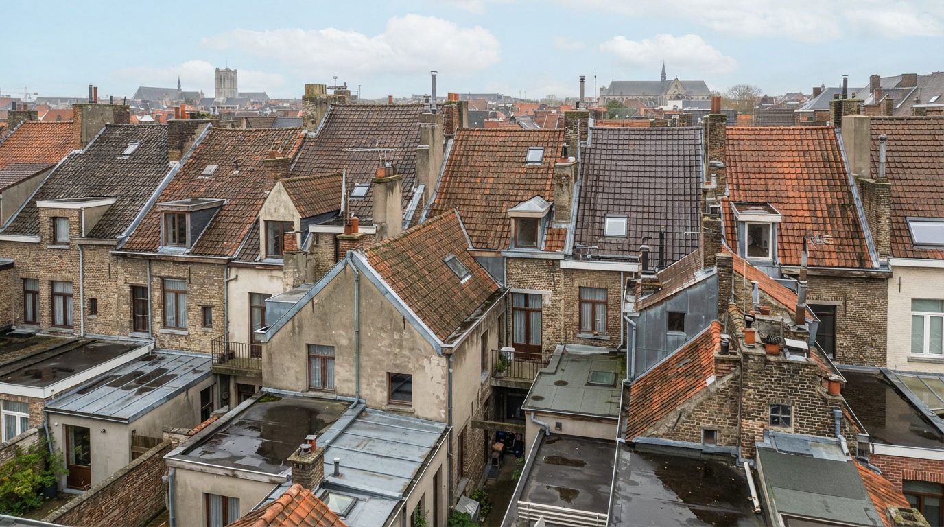 Daken van oudere Gentse stadswoningen met schouwen, dakgoten en verschillende aansluitingen.