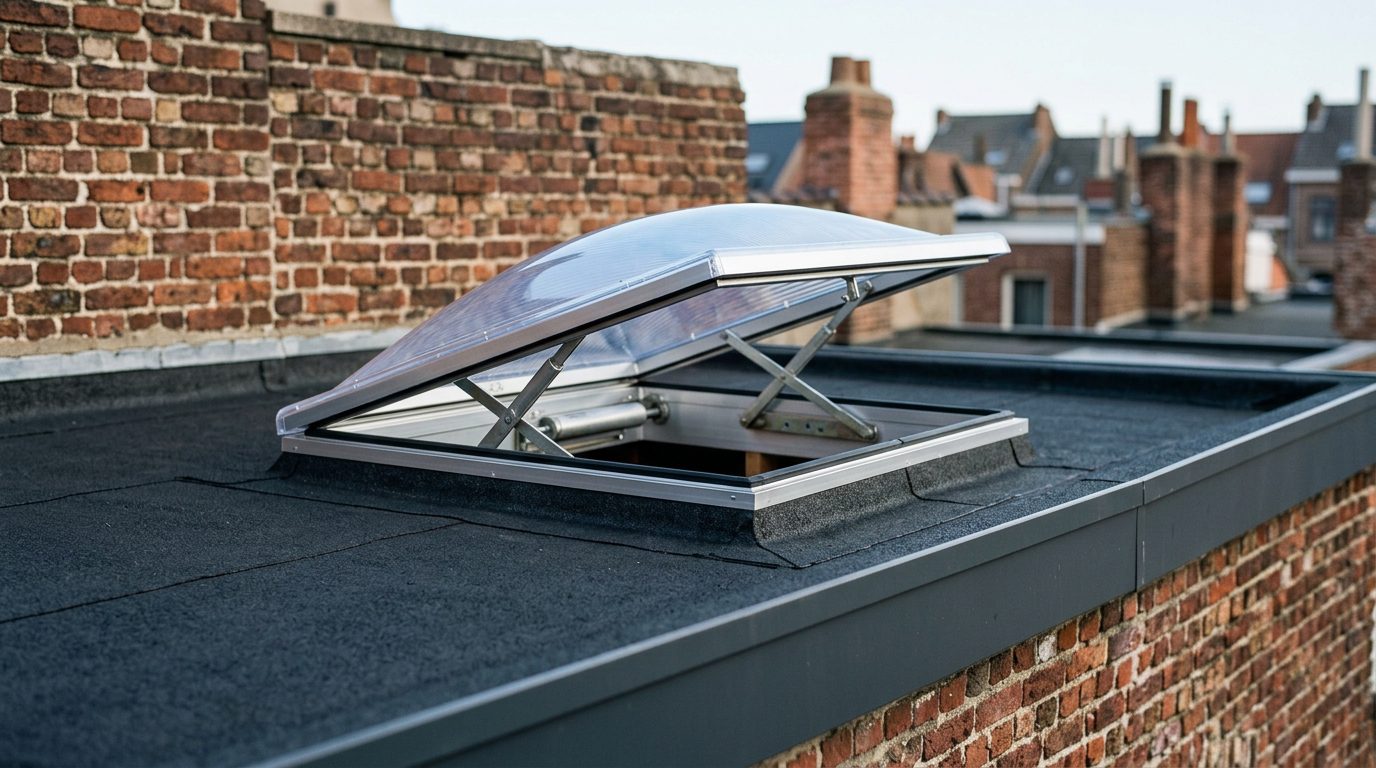 opengaande-lichtkoepel-plat-dak Openstaande lichtkoepel voor daglicht en ventilatie.