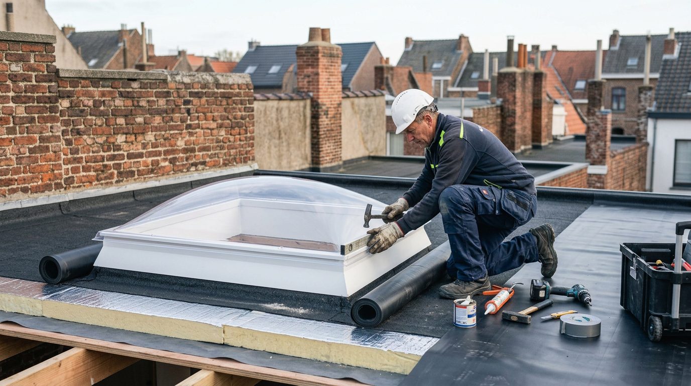 opstand-lichtkoepel-plaatsen Dakwerker plaatst de opstand voor een lichtkoepel op een plat dak.