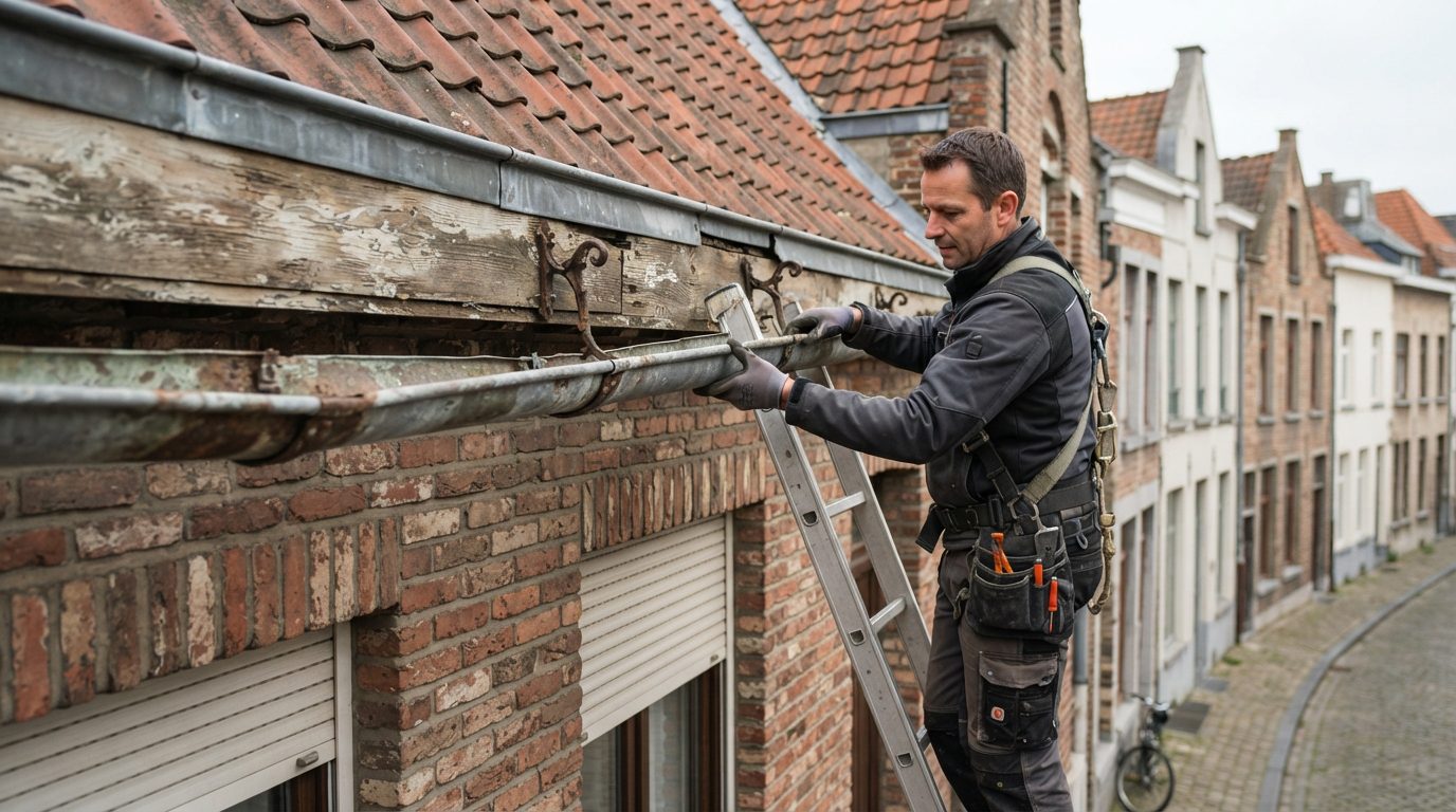 oude-dakgoot-verwijderen-gent Dakwerker verwijdert een oude zinken dakgoot van een Gentse rijwoning.