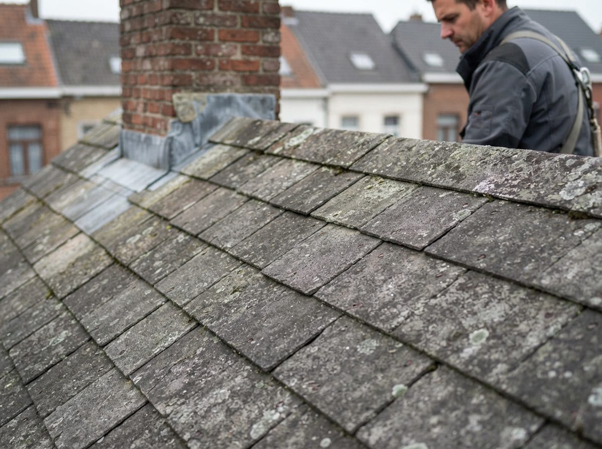 Detail van oude verweerde vezelcementleien op een Belgisch dak.