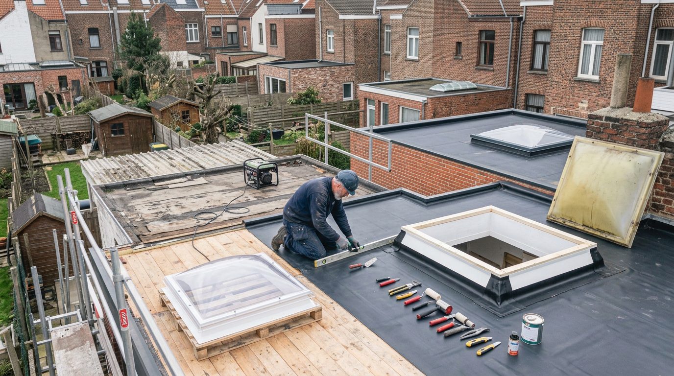 oude-lichtkoepel-vervangen-gent Oude lichtkoepel wordt vervangen op een plat dak.