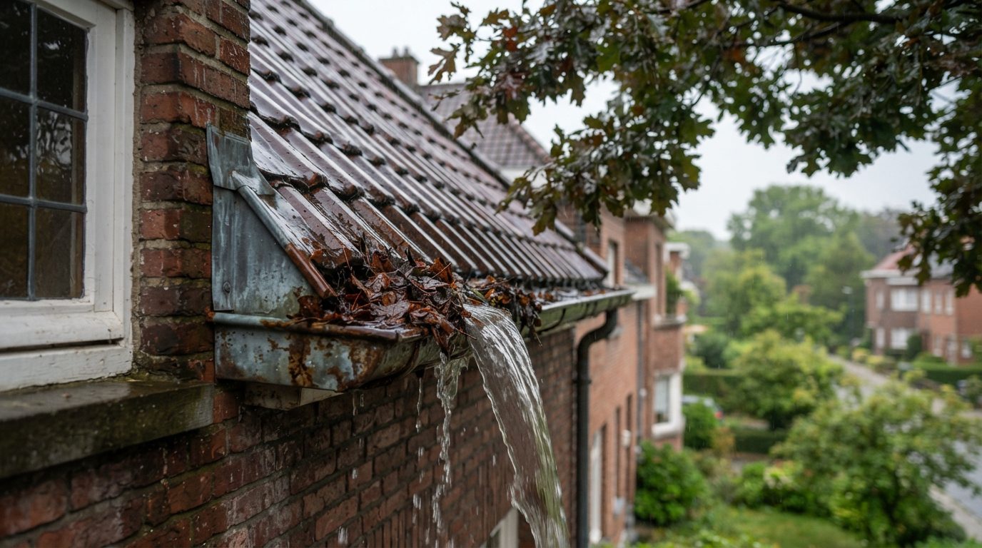overlopende-dakgoot-gent Dakgoot loopt over doordat bladeren de waterafvoer hinderen.
