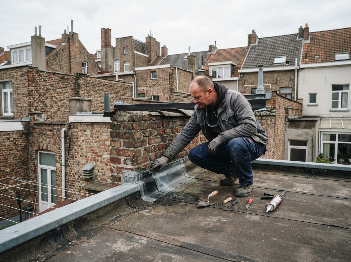 Dakwerker inspecteert het platte dak van een Gentse rijwoning.
