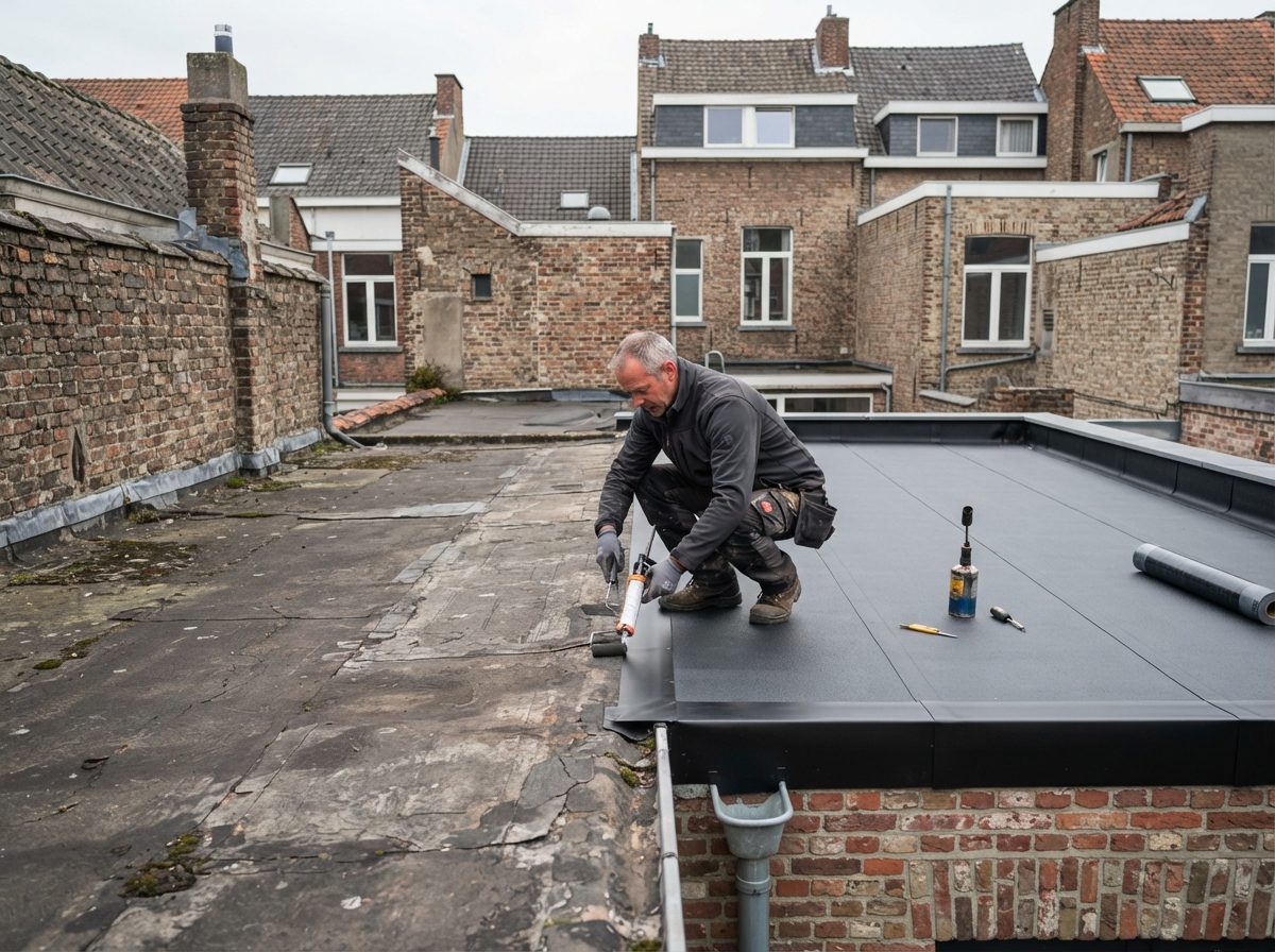 Oud en vernieuwd gedeelte van een plat dak tijdens renovatiewerken.