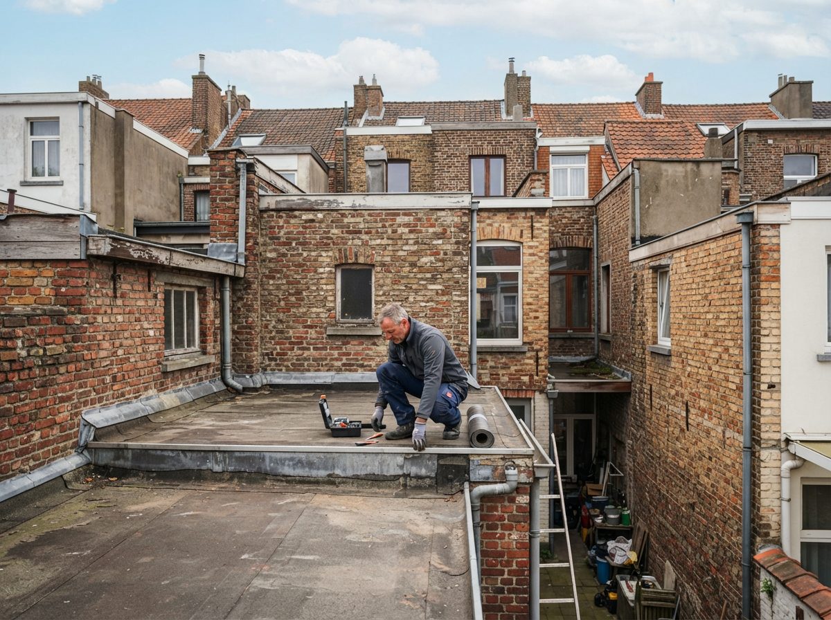 Plat dak op de achterbouw van een gesloten rijwoning in Gentbrugge.