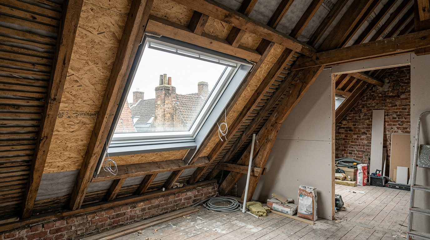 positie-afmetingen-dakraam Dakraam op een logische positie in de houten constructie van een hellend dak.
