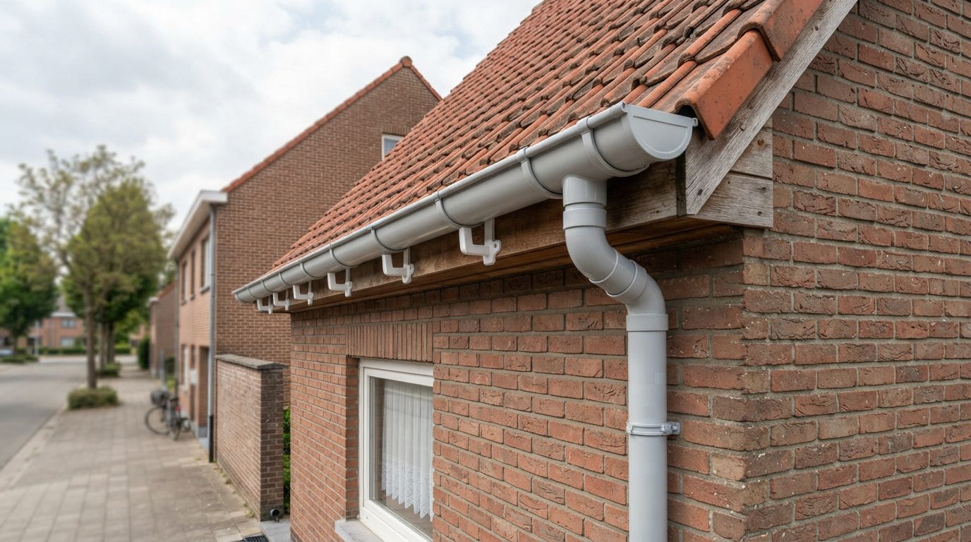pvc-dakgoot-gent PVC-dakgoot aan een halfopen Vlaamse woning.
