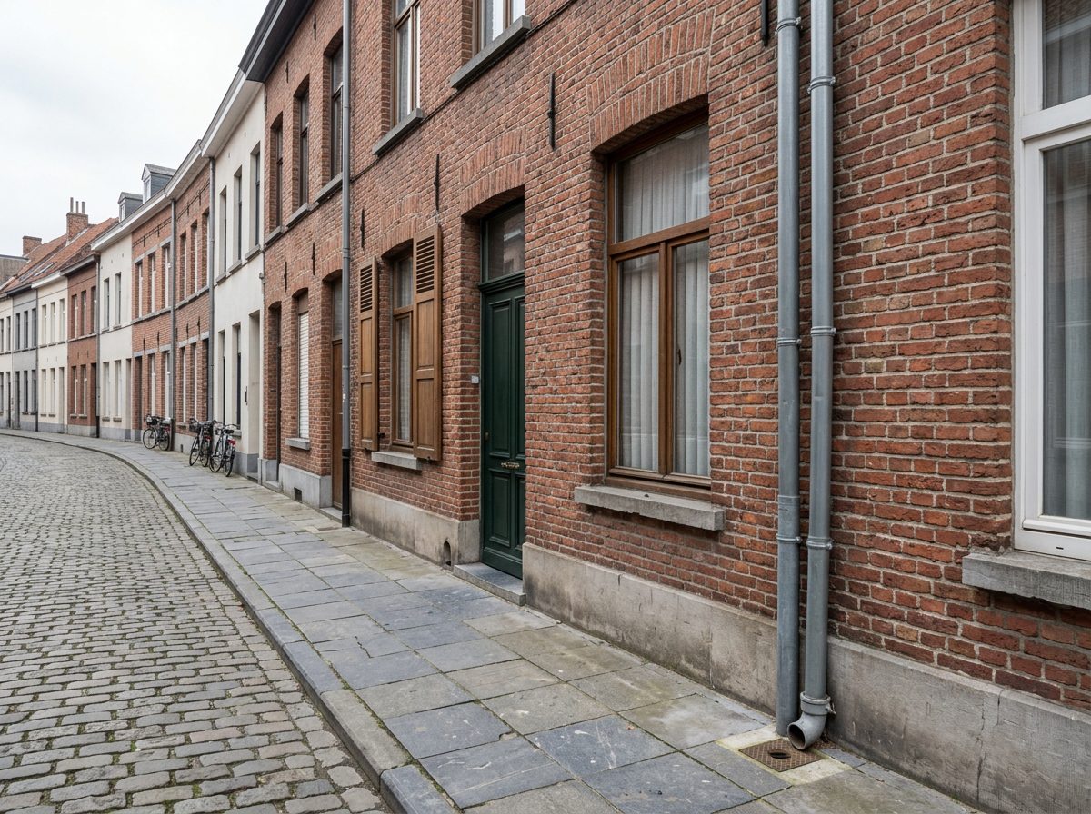 regenpijp-openbaar-domein-gent Regenpijp langs de voorgevel van een Gentse stadswoning aan het voetpad.