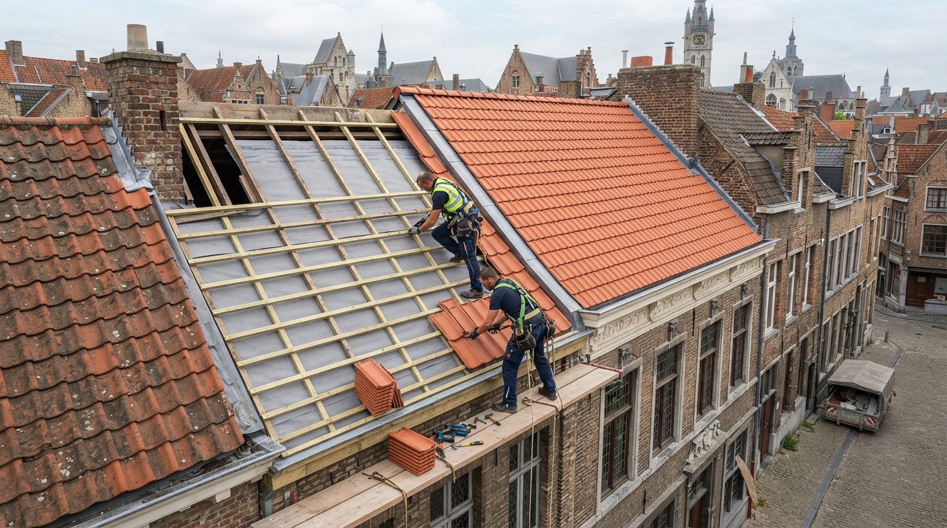 renovatie-hellend-dak-gent Renovatie van het hellende dak van een oudere stadswoning.