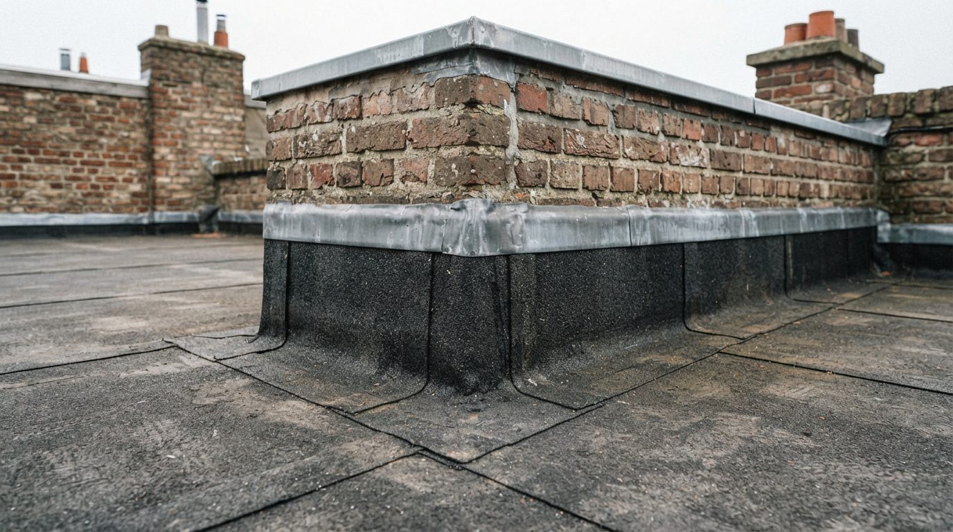 roofing-aansluiting-dakopstand Correct afgewerkte roofing bij de opstand van een plat dak.
