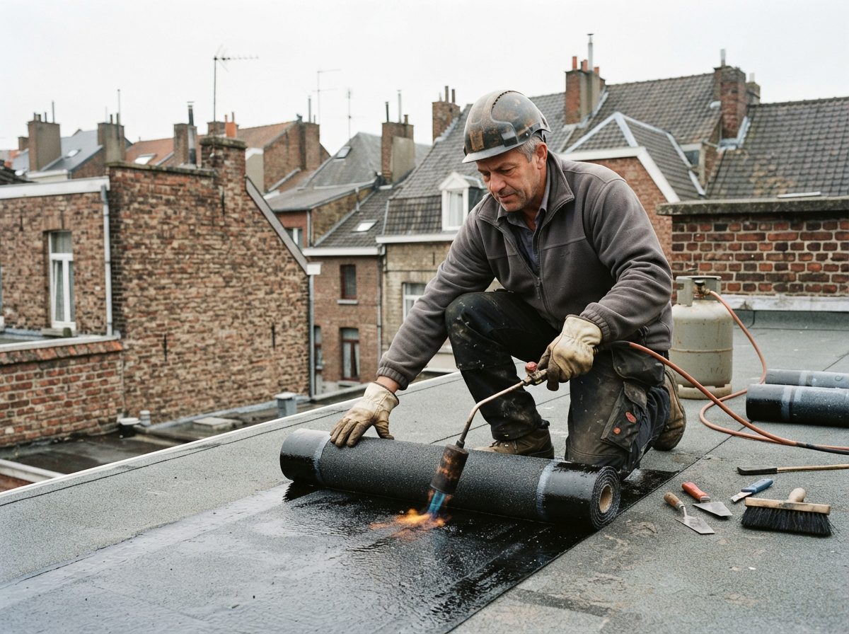 roofing-branden-gent Dakwerker brandt een bitumineuze roofingbaan op een plat dak.