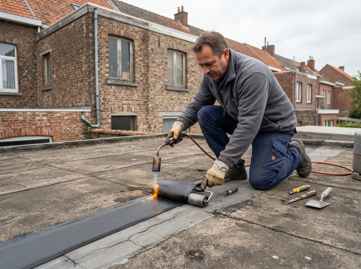 roofing-herstellen-gentbrugge Plaatselijke herstelling van beschadigde roofing op een plat dak.
